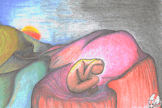 Eine nackte Person sitzt verzweifelt auf einem bergigen Plateau, Schwärze ist an einem Teil des Horizonts, ein verheißungsvoller Sonnenaufgang am anderen Ende.